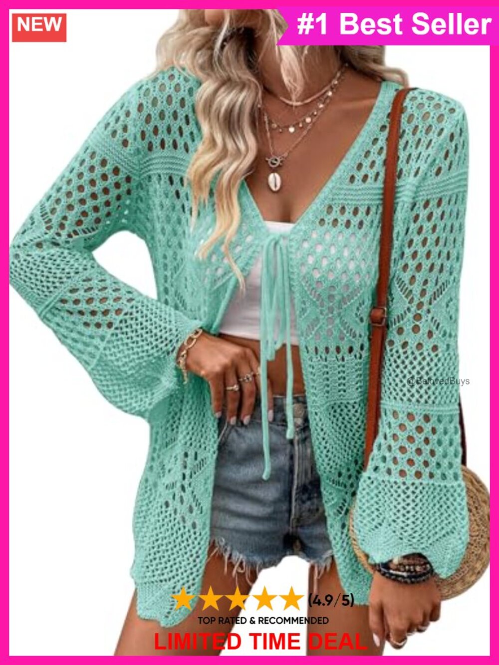 Crochet Cardigan Lightweight Long Sleeve Tie Front Hollow Out Thin